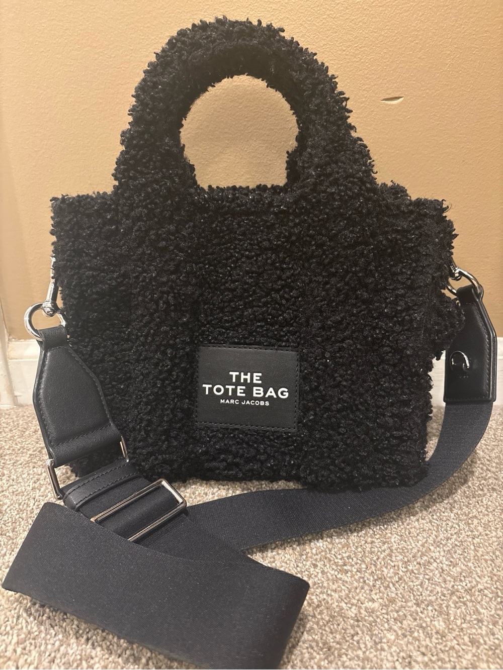 Marc Jacobs Black Sherpa Mini Tote with Adjustable Strap